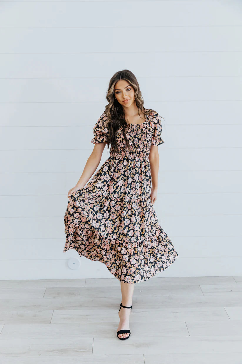 modest plus size dresses midi length Tuesday Modest Midi in Pink Daisy Xsmall