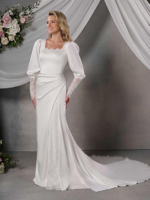 fitted modest dresses Modest Muslim Woman's Empire Waist Shimmery Tulle Dress - 36229