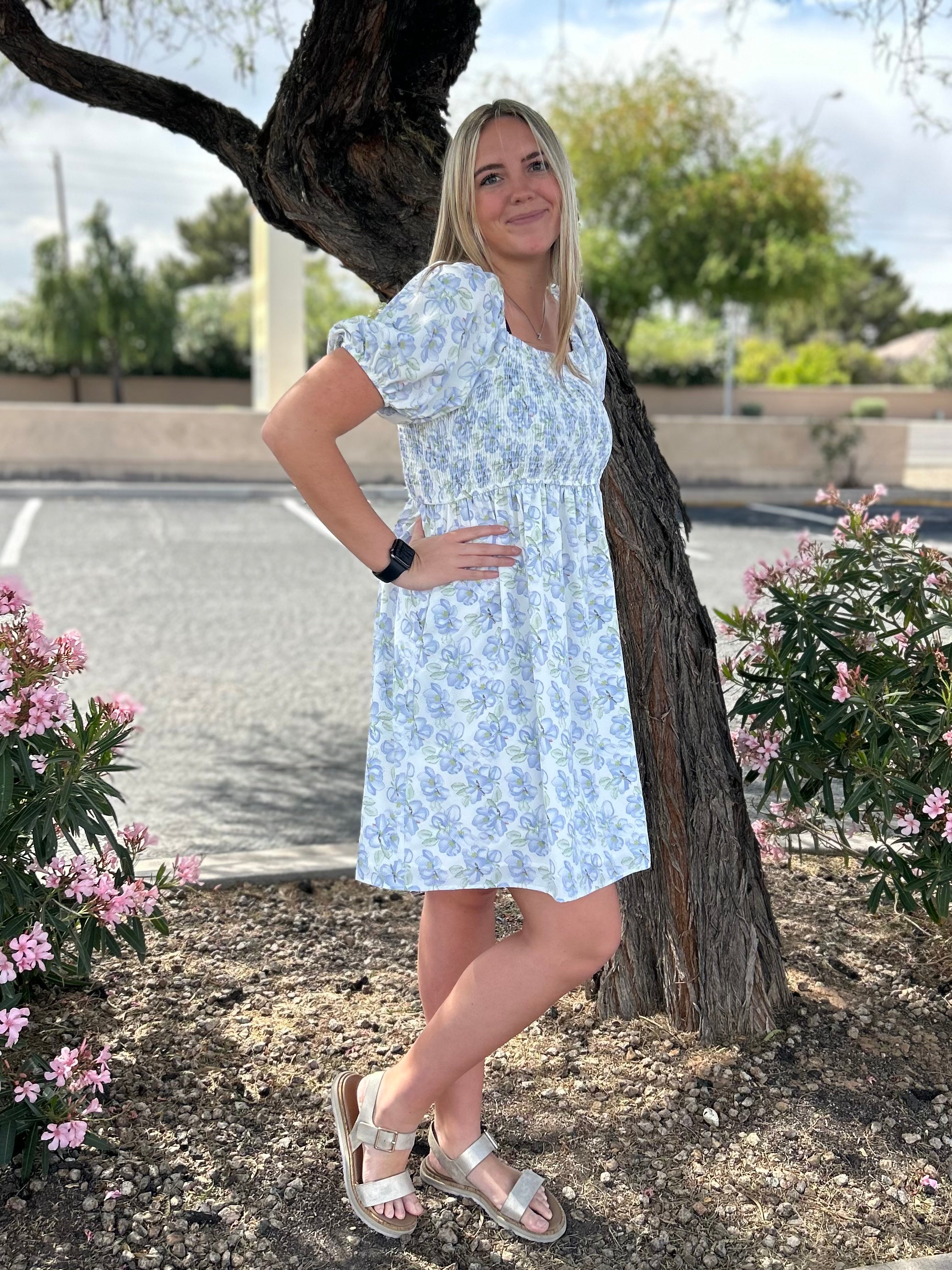 blue and white modest dress Modest Bailey Midi Dress in Leaf & Bloom