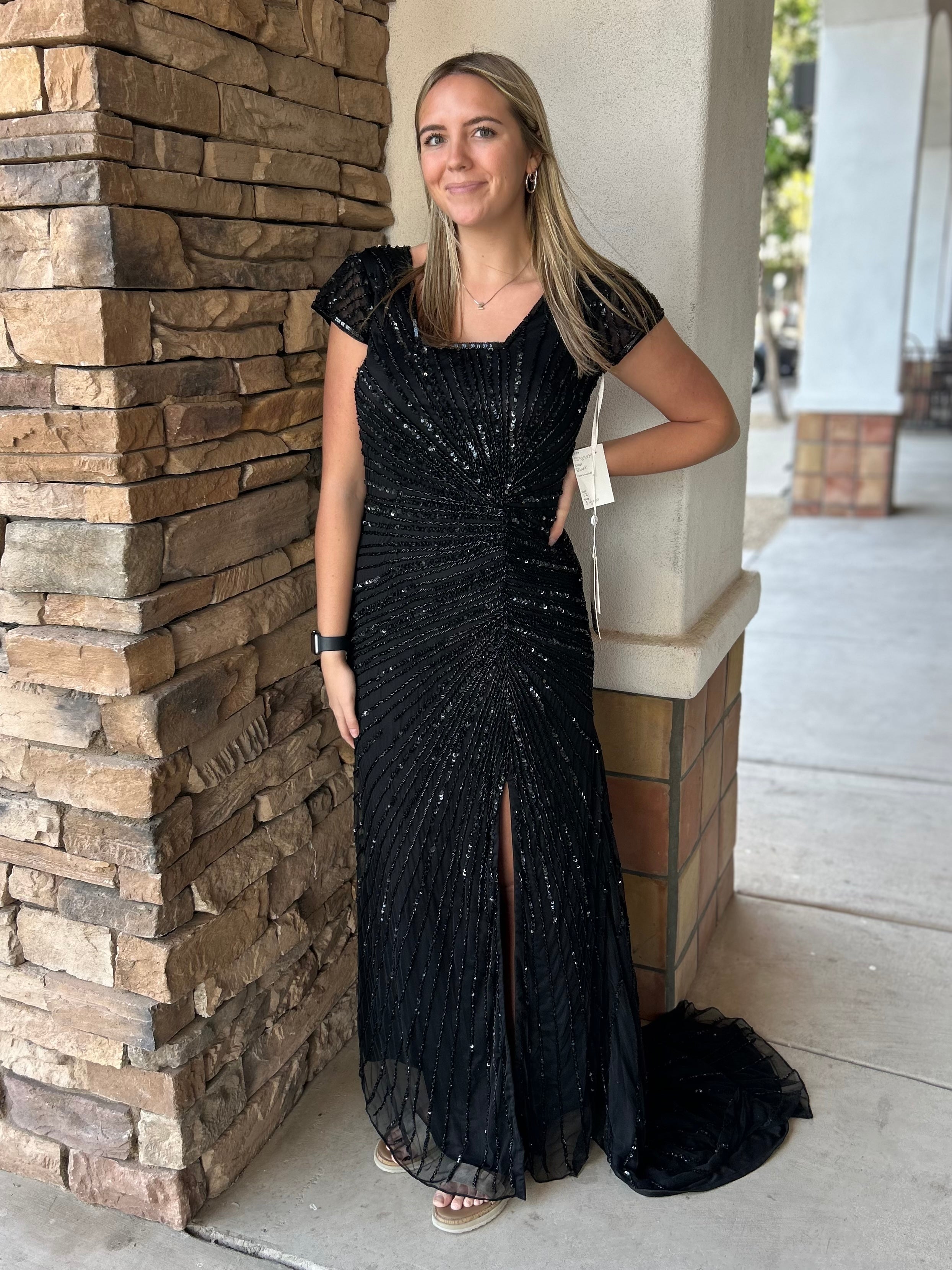 black modest prom dresses Modest Black Satin Prom Dress 25894S