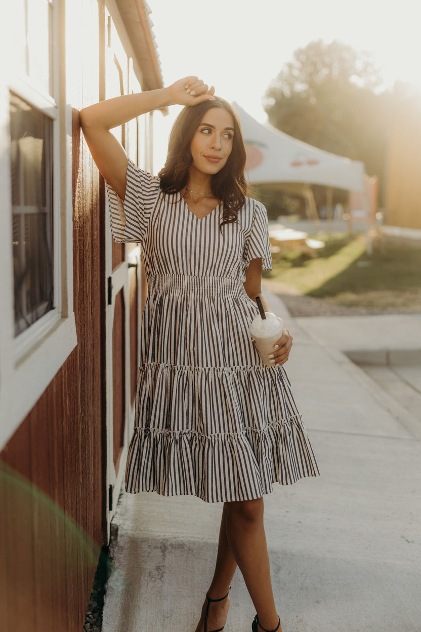 cotton dresses modest Jemma Dress in Charcoal Stripe Medium colour:Dusty Blue #zsupply Dress code - Opium do not tumble dry.