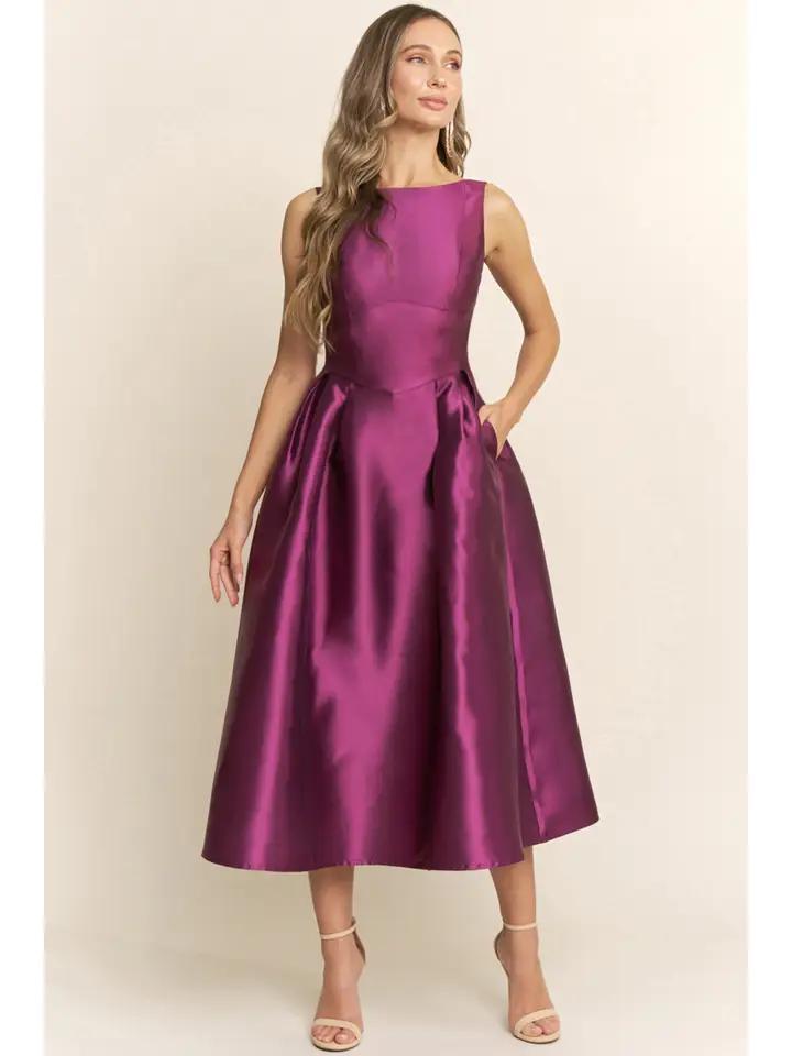 plum satin midi dress Lace Trim Ruched High Waist Satin Midi Dress in Plum