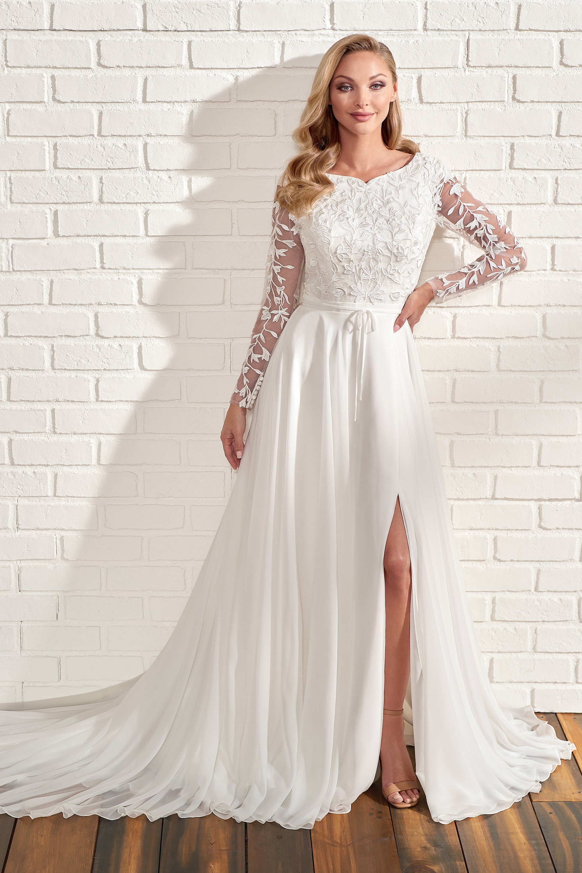 mon cheri long sleeve wedding dress Modest Bridal by Mon Cheri TR22176 Illusion Sleeve Floral Wedding Gown