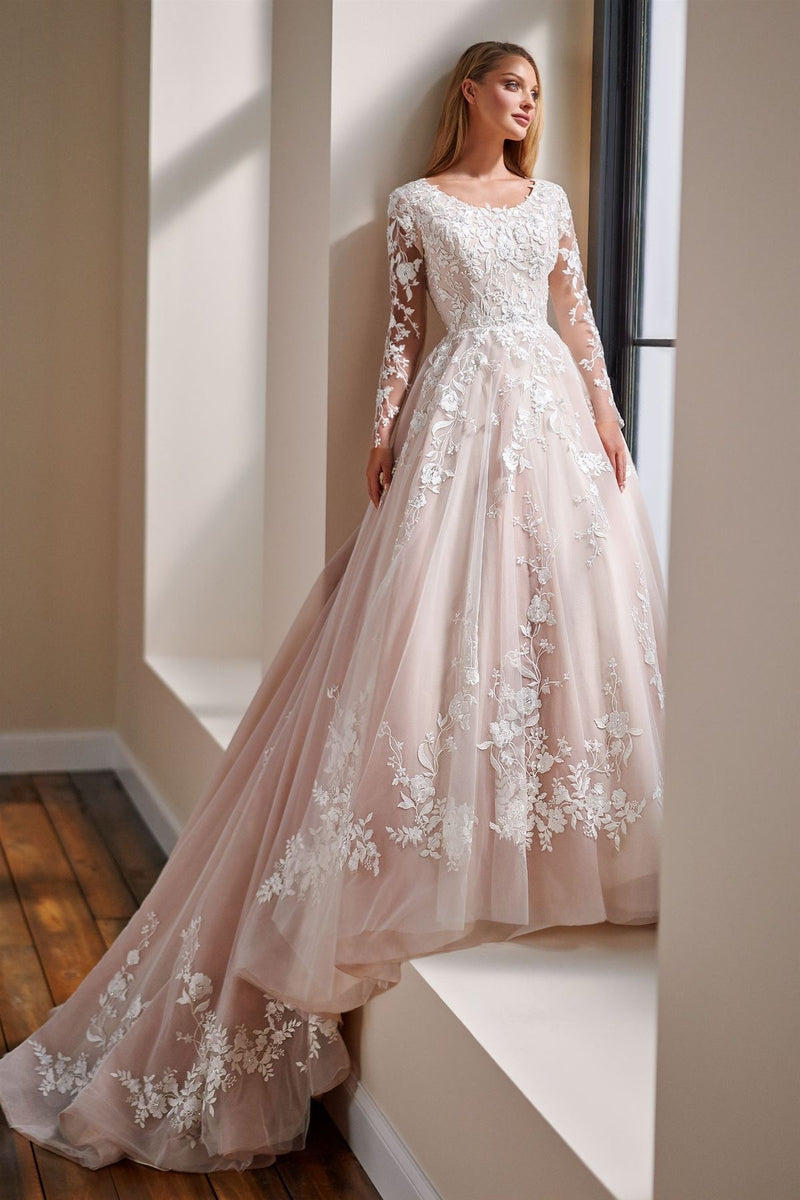 wedding dress, tulle color wedding dress, long sleeve dress TN214