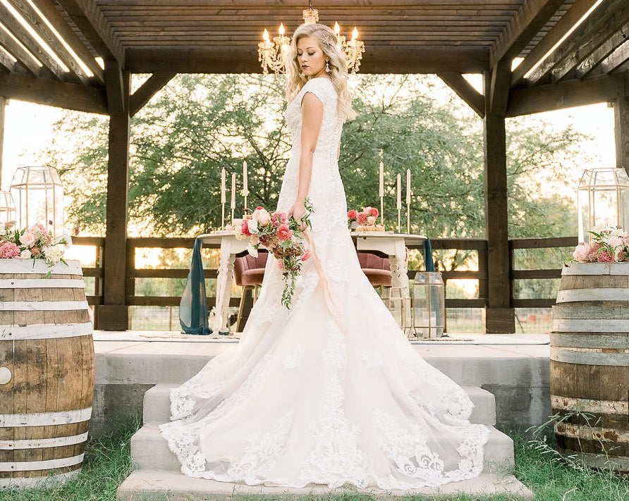 bonny bridal modest wedding dress with sleeves ballgown plus size LDS temple