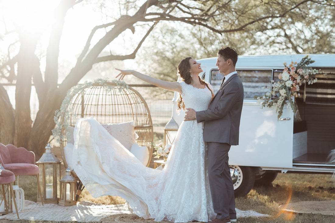 VWBus photoshoot modest lace wedding dress with sleeves boho LDS for plus size