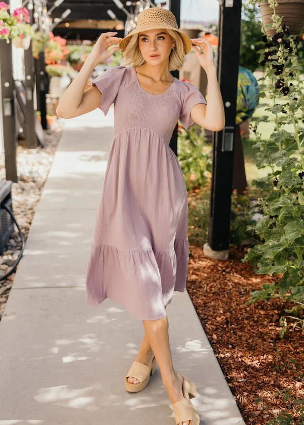 Kendall Modest Dress in Lacy Lilac