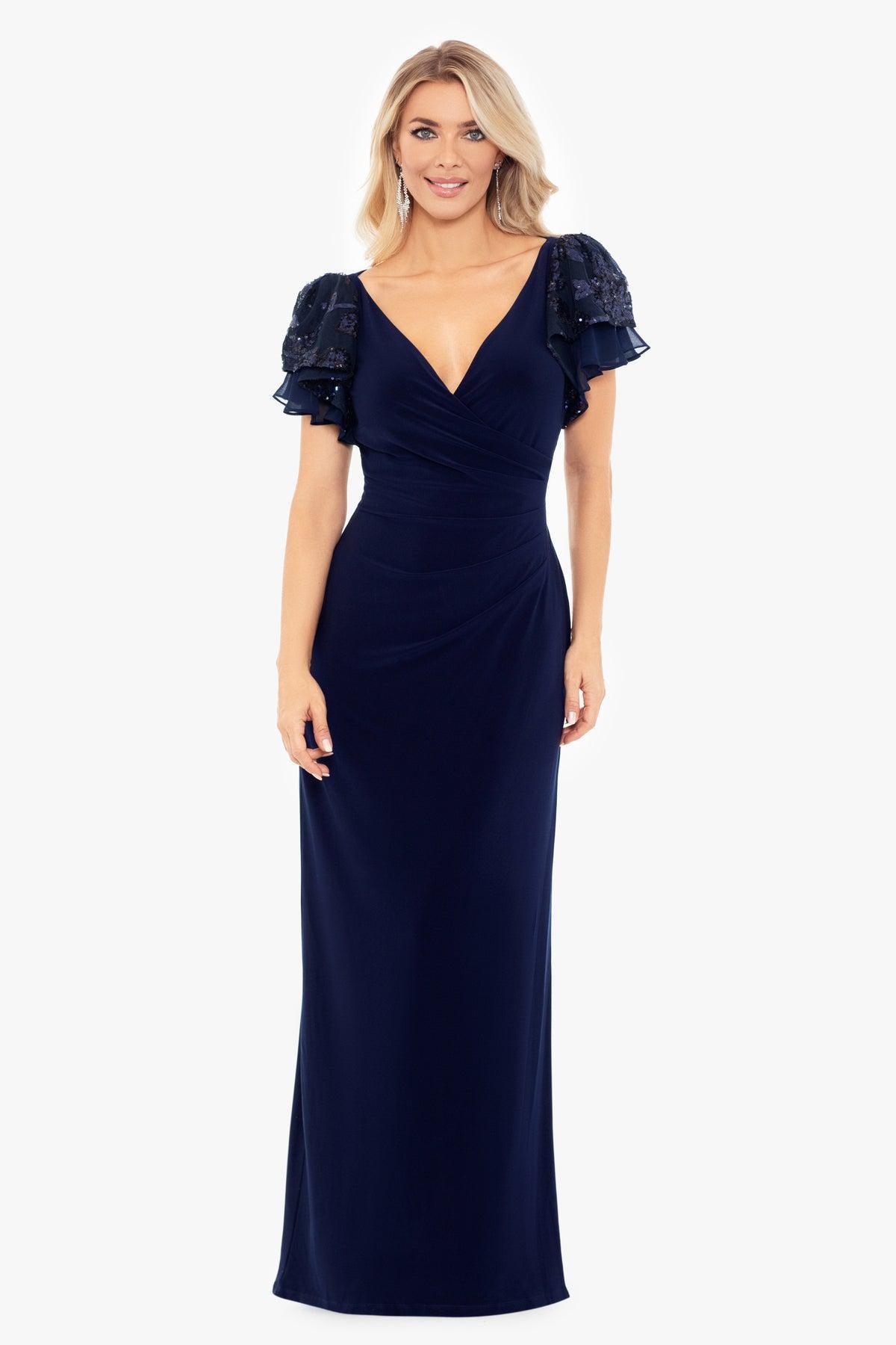 A26357 LONG JERSEY KNIT SEQUIN SLEEVE DRESS