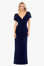 A26357 LONG JERSEY KNIT SEQUIN SLEEVE DRESS