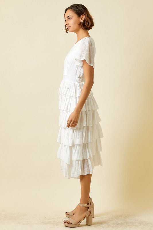 Juniper Tiered Midi Dress in Off White