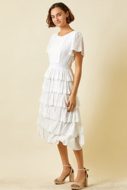 Juniper Tiered Midi Dress in Off White
