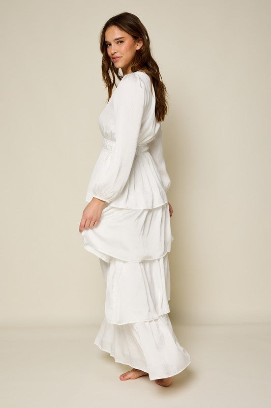 white tiered dress long sleeve Confte - Odette Ruffle Mock Neck Tiered Midi Engagement Photos Dress