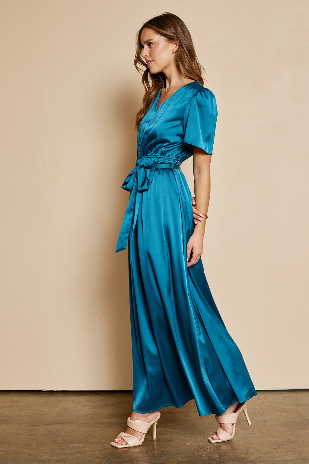 satin wrap dress modest Modest Satin Dress | Gold Champagne | XL - 60 | Buttoned High Neckline, Long Sleeves, Pleats, Belt | Clothing
