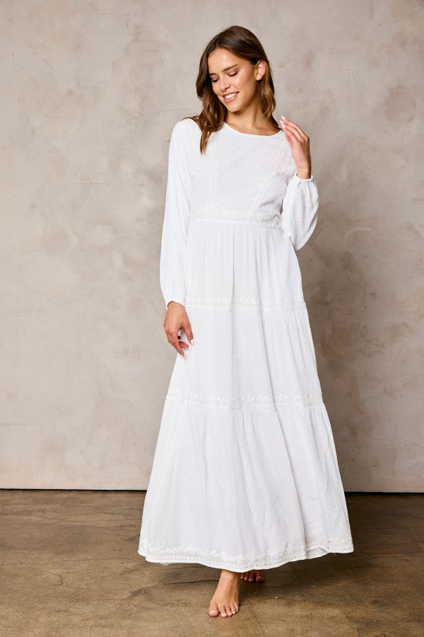 Brynn Embroidered Temple Dress in White Large Brynn Embroidered Temple Dress in White Large