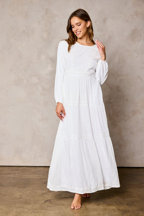 white long sleeve embroidered dress Goddiva Flared Sleeve Embroidered Maxi Dress