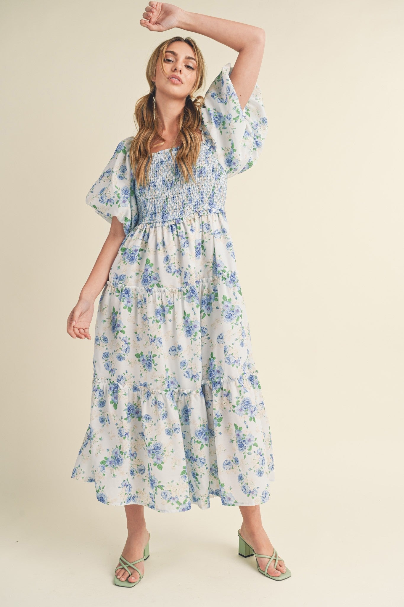 Primrose Modest Midi in Blue Floral Medium Primrose Modest Midi in Blue Floral Medium