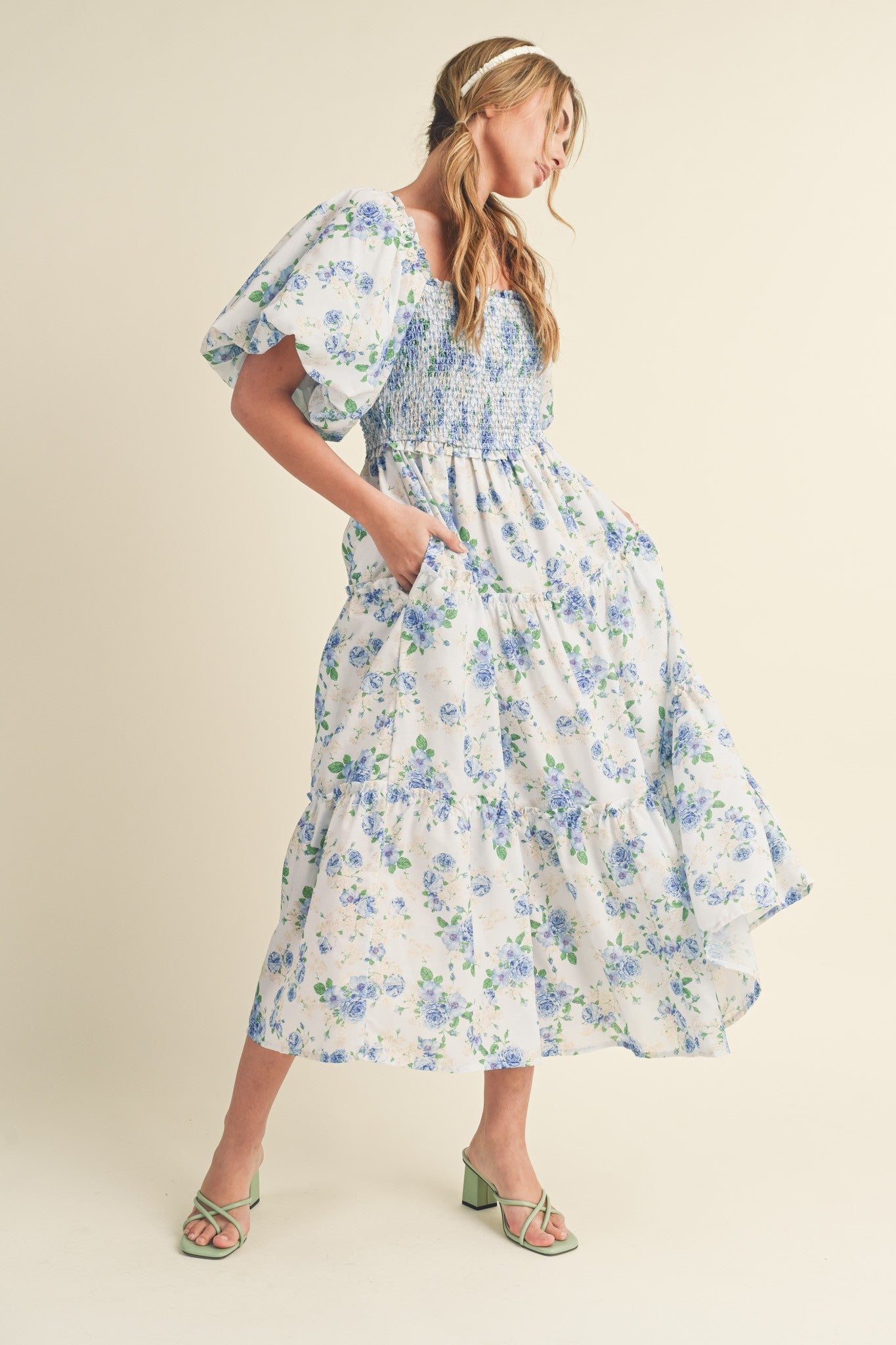Primrose Modest Midi in Blue Floral Medium Primrose Modest Midi in Blue Floral Medium