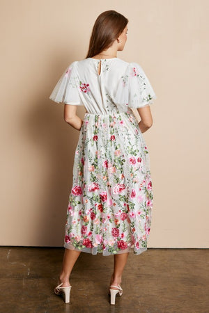 Allison Embroidered Midi in Ivory/Pink