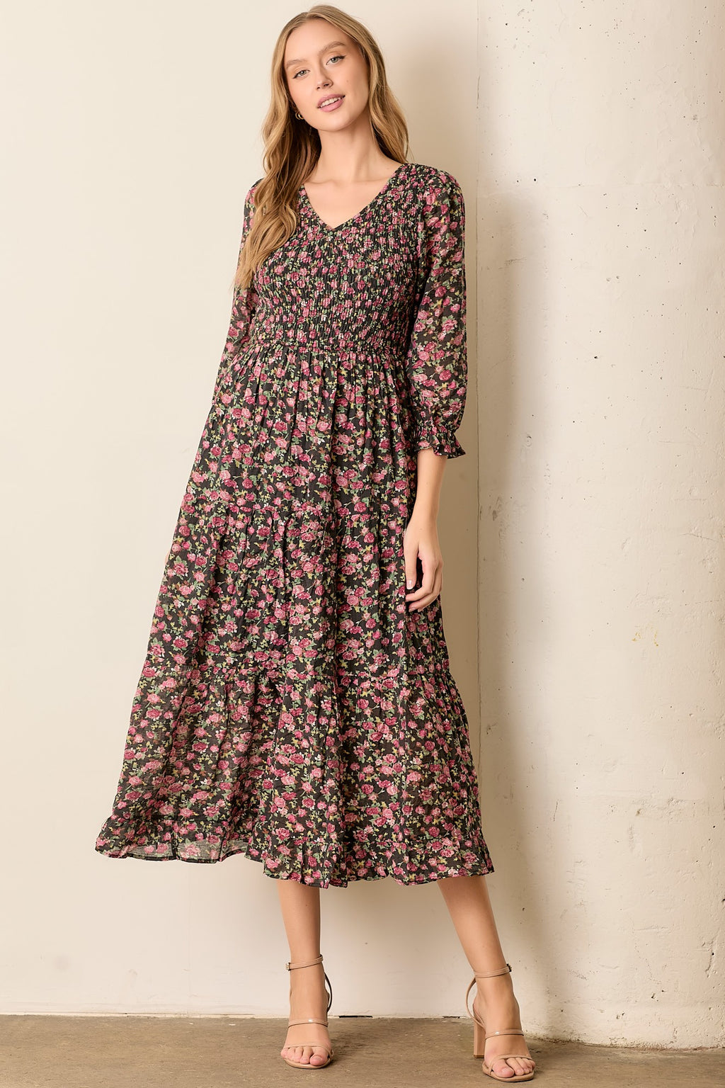 knee length dresses for ladies Danika Modest Midi in Black Floral – A Closet Full of Dresses