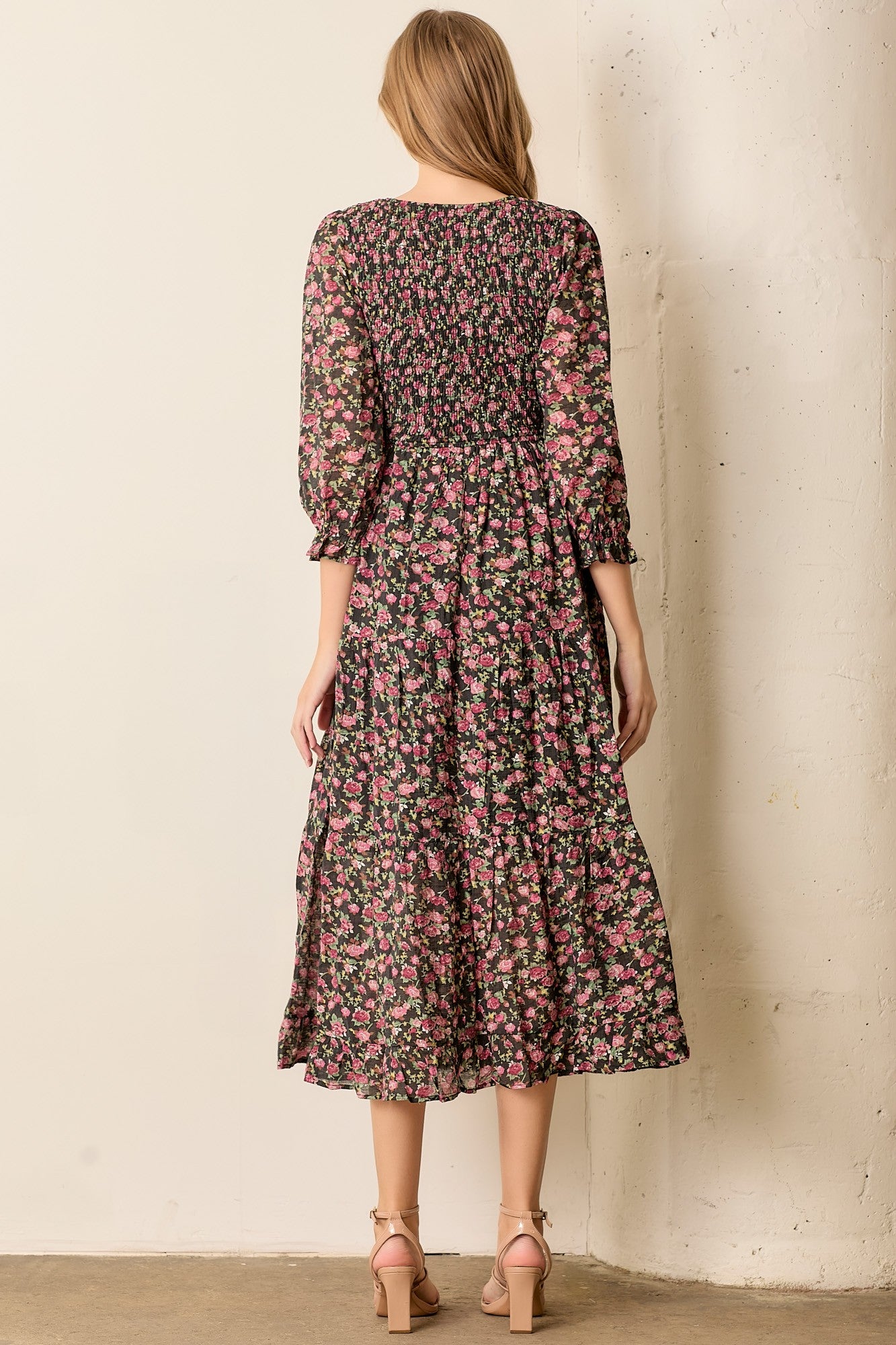 fitted lace wedding dress Black Multi Floral Long Sleeve Ruffle Midi Dress - All Dresses main image 0