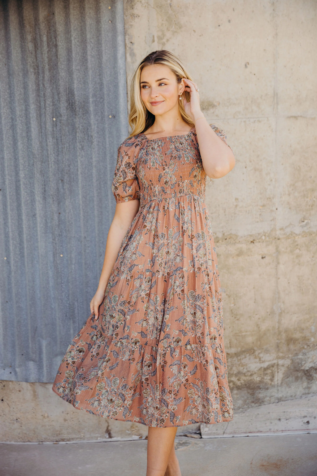Indigo Modest Midi in Sahara Whisper – A Closet Full of Dresses