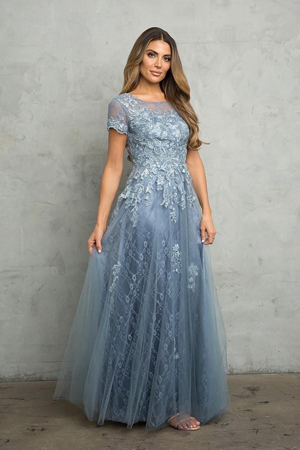 Maeve Modest Prom Dress in Dusty Blue