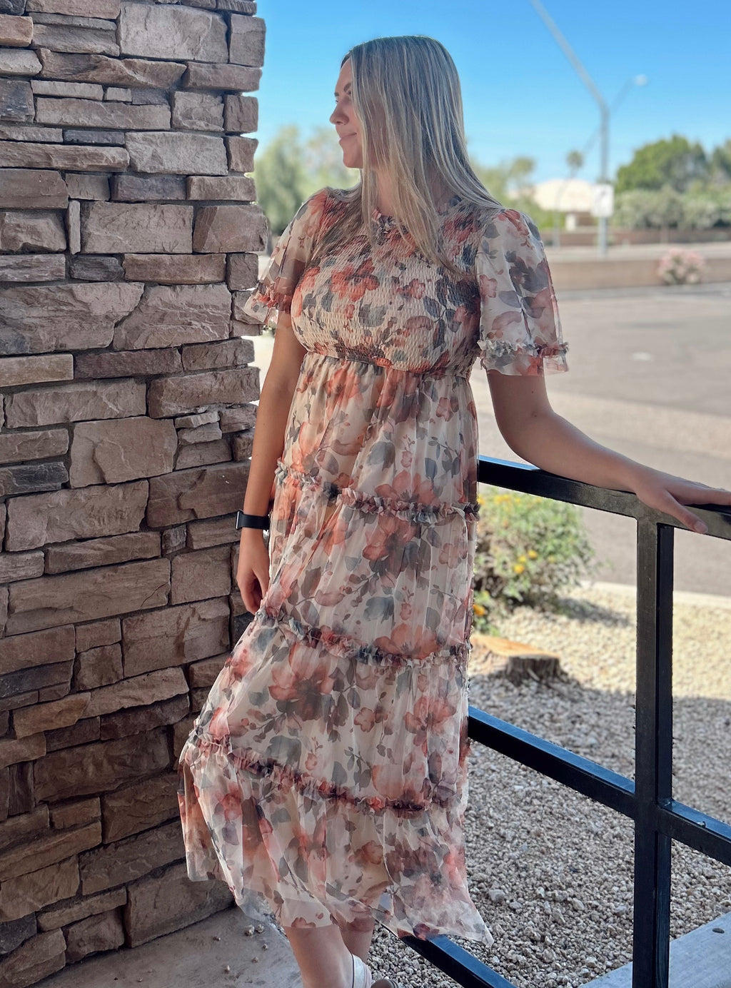 Astrid Modest Midi in Ivory/Red/Charcoal