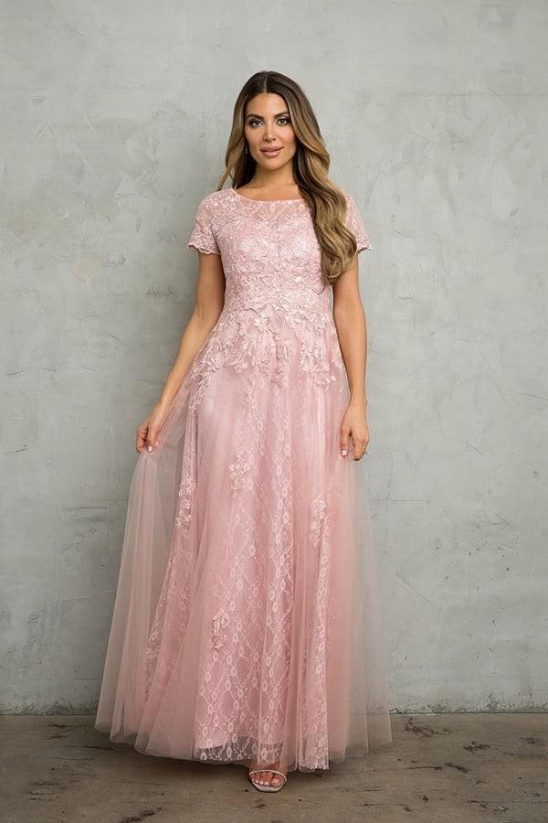 Maeve Modest Prom Dress in Dusty Rose