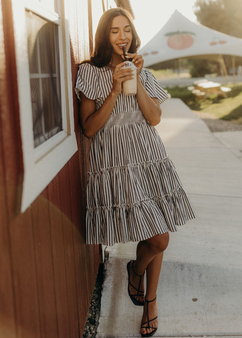 Jemma Modest Dress in Charcoal Stripe