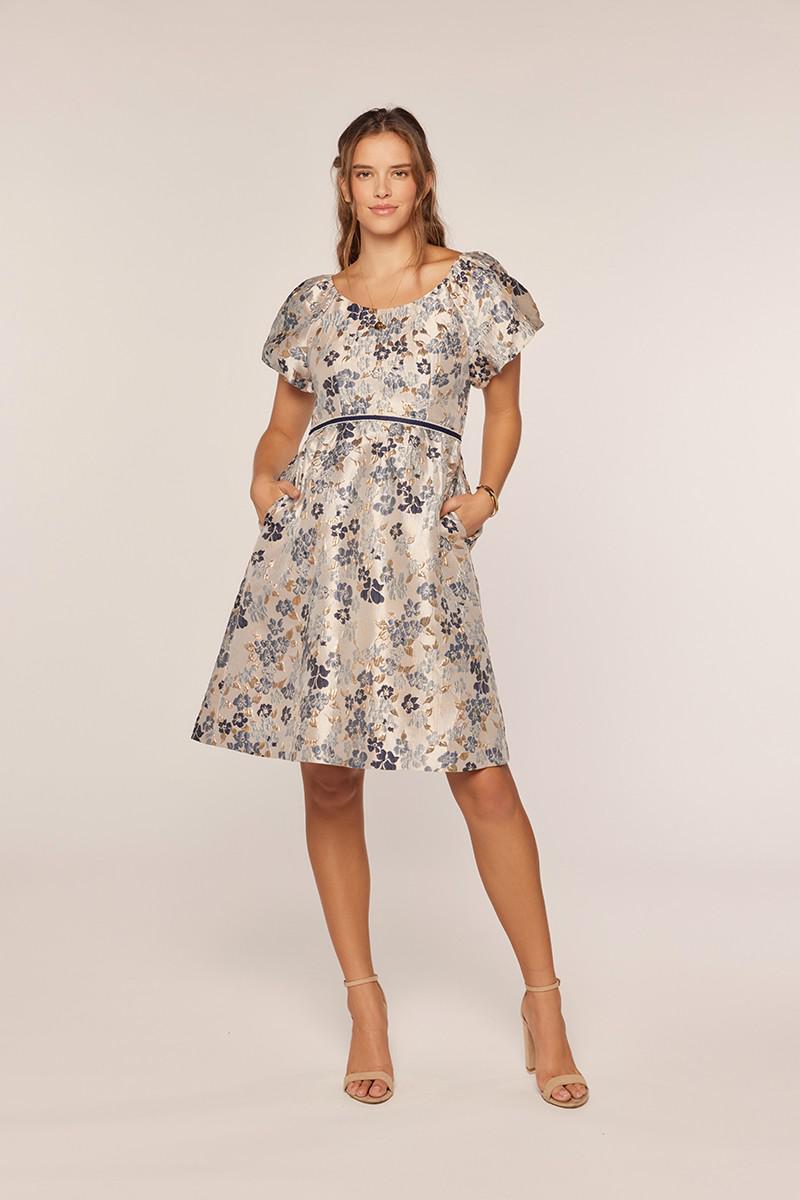 Catalina Textured Dress in Blue/Gold