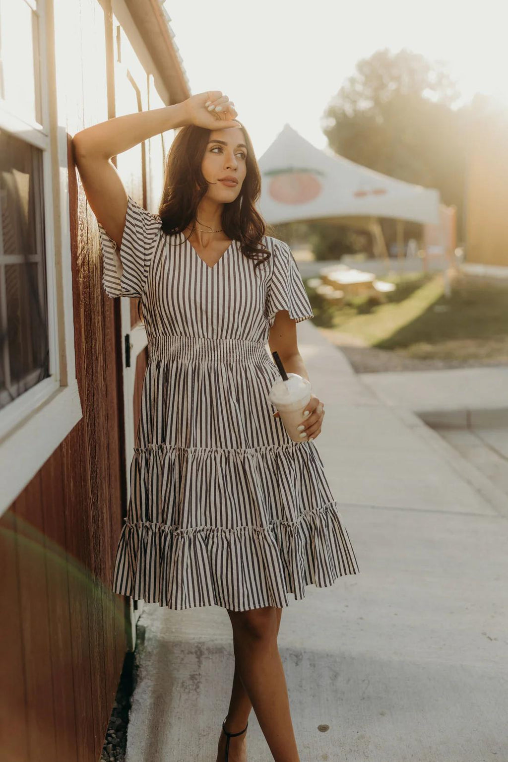 Jemma Modest Dress in Charcoal Stripe