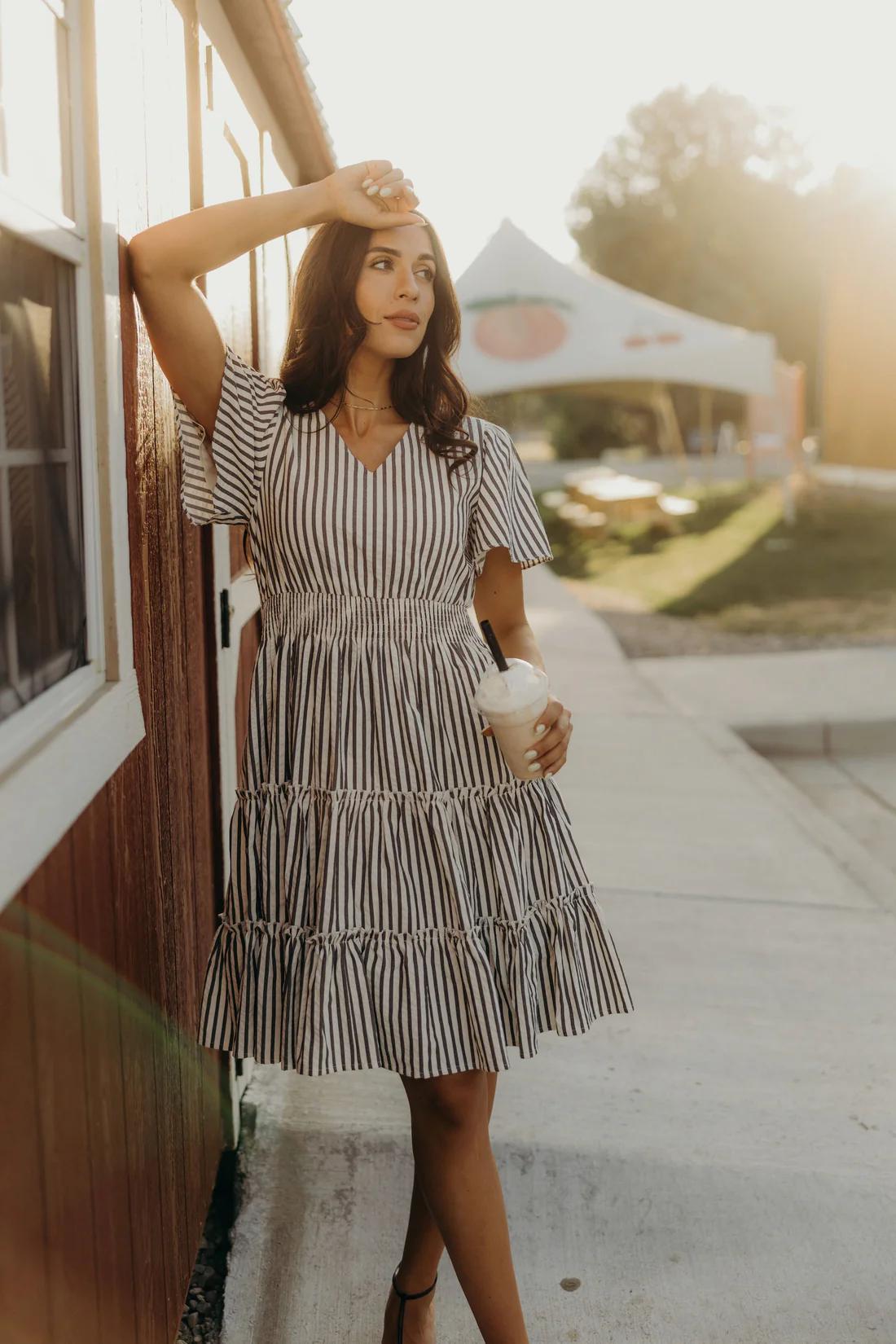 Jemma Modest Dress in Charcoal Stripe