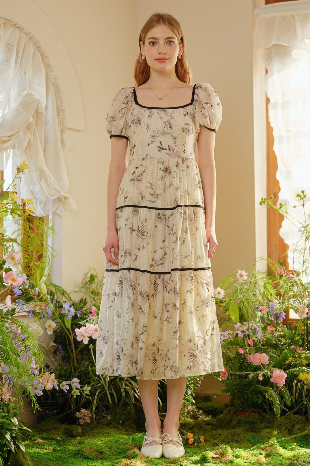 Breckon Tiered Midi in Ivory Floral
