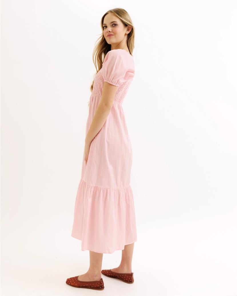 Lilly Modest Dress in Sea Pink Stripes