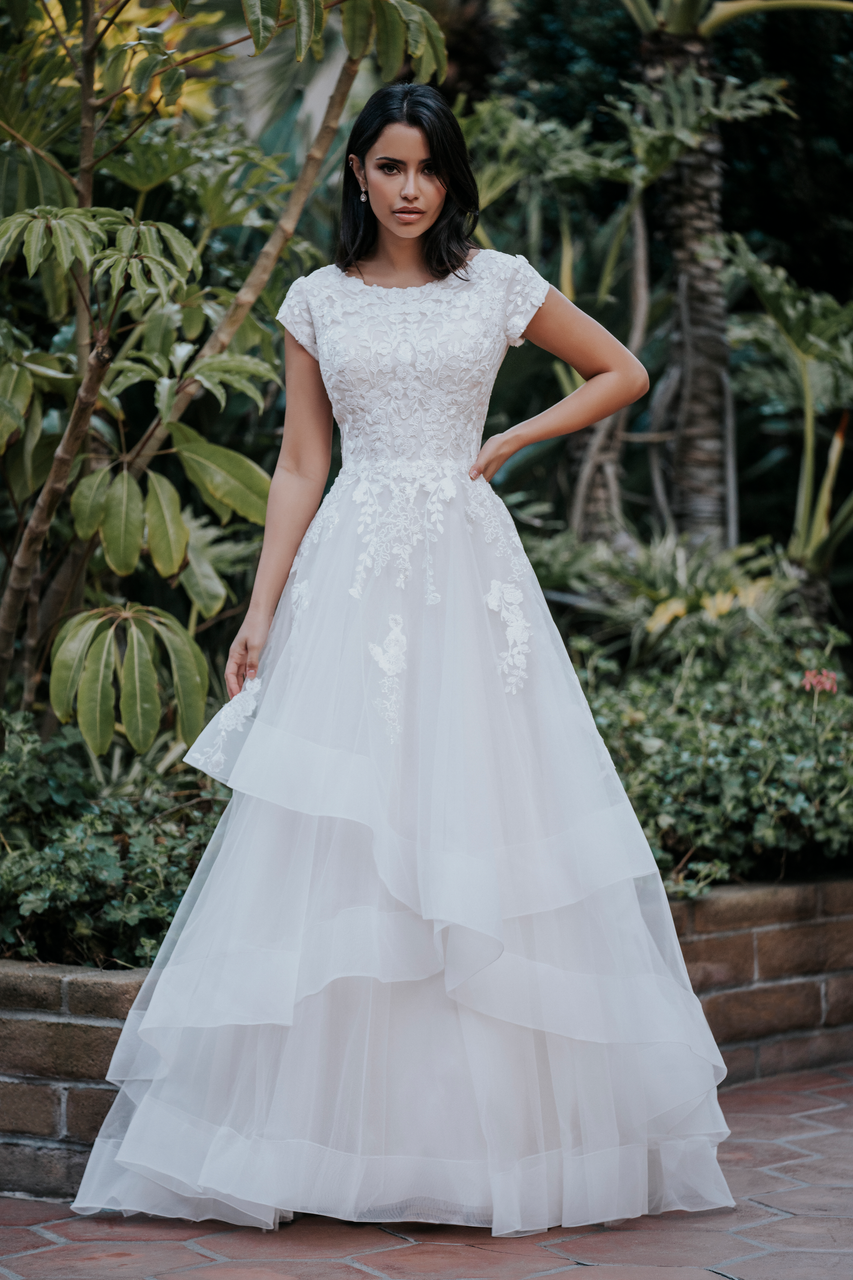 modest beaded wedding dresses Flowy Short Sleeves Beaded Belt Temple Chiffon Modest Summer Wedding Dress