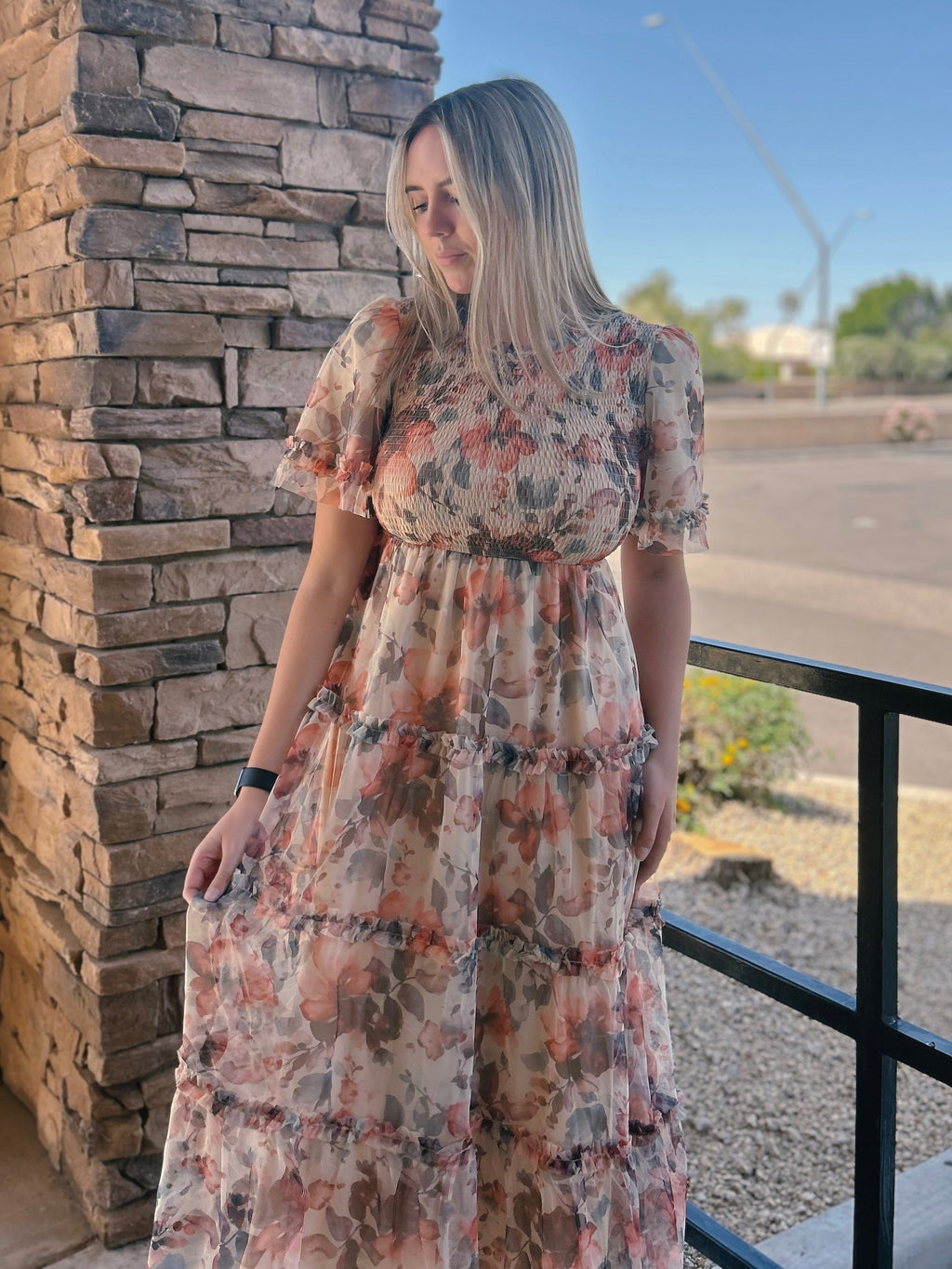 Astrid Modest Midi in Ivory/Red/Charcoal