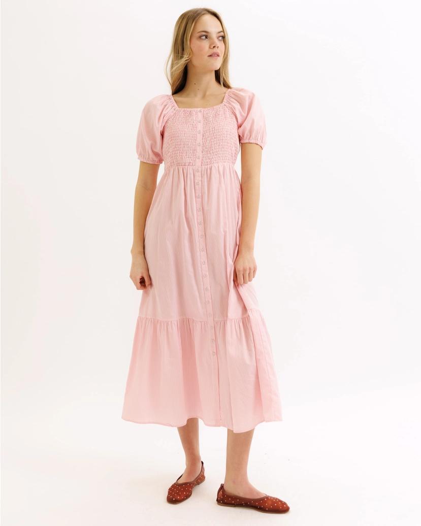 Lilly Modest Dress in Sea Pink Stripes