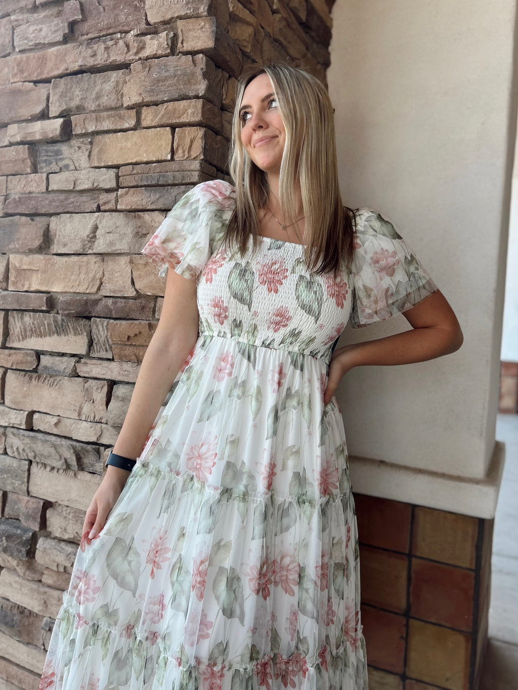 Rowyn Modest Midi in Ivory/Pink