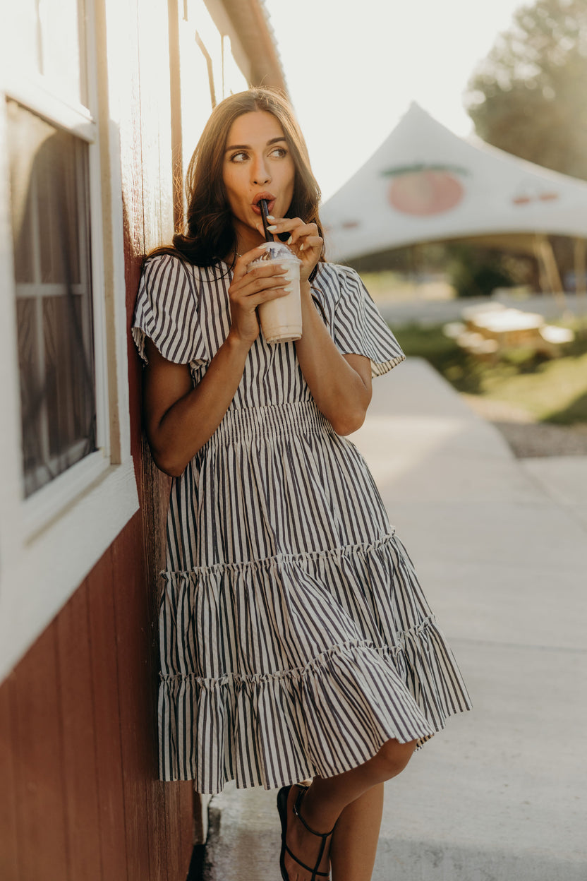 Jemma Modest Dress in Charcoal Stripe