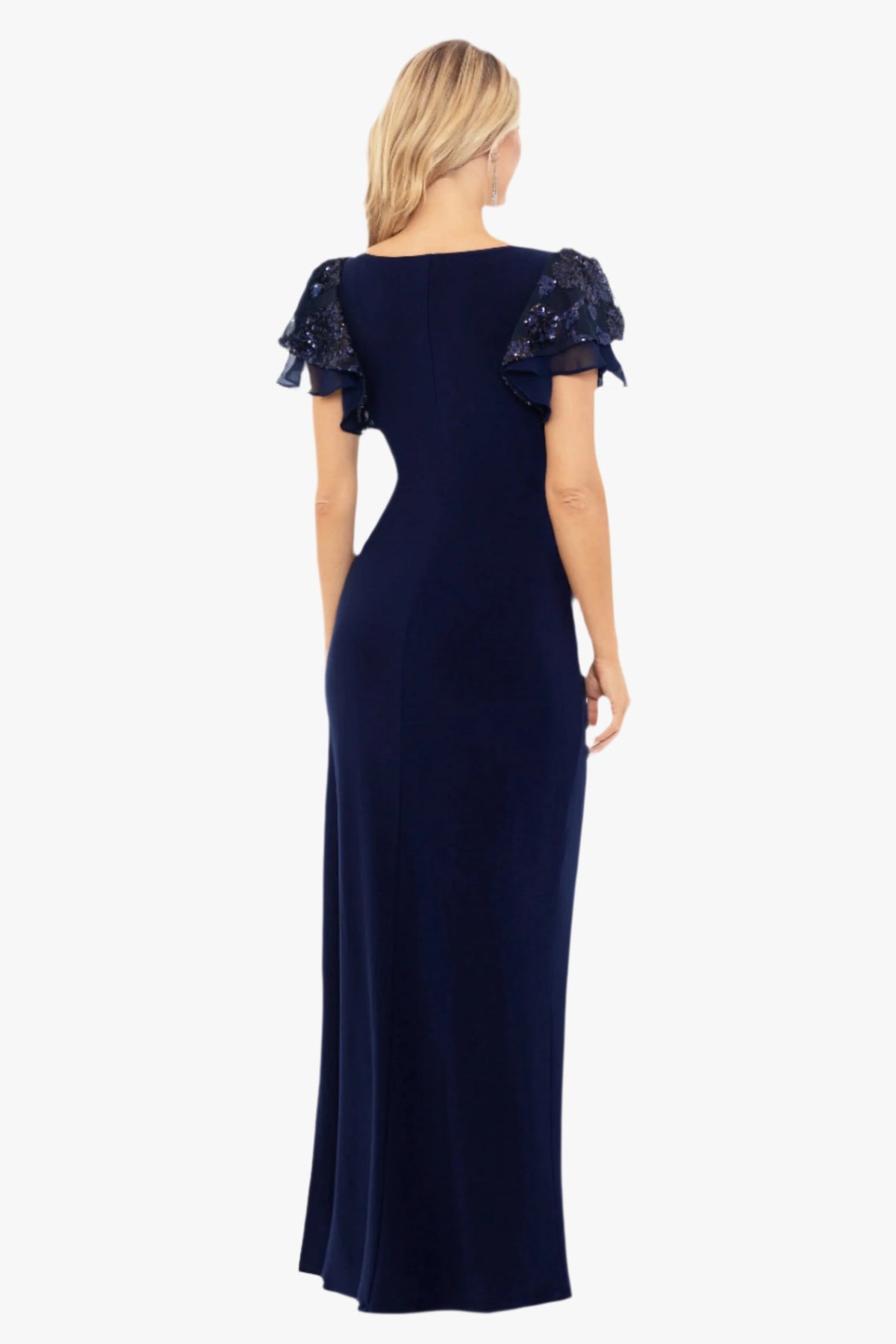 A26357 LONG JERSEY KNIT SEQUIN SLEEVE DRESS