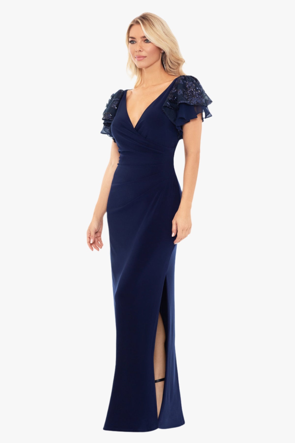 A26357 LONG JERSEY KNIT SEQUIN SLEEVE DRESS