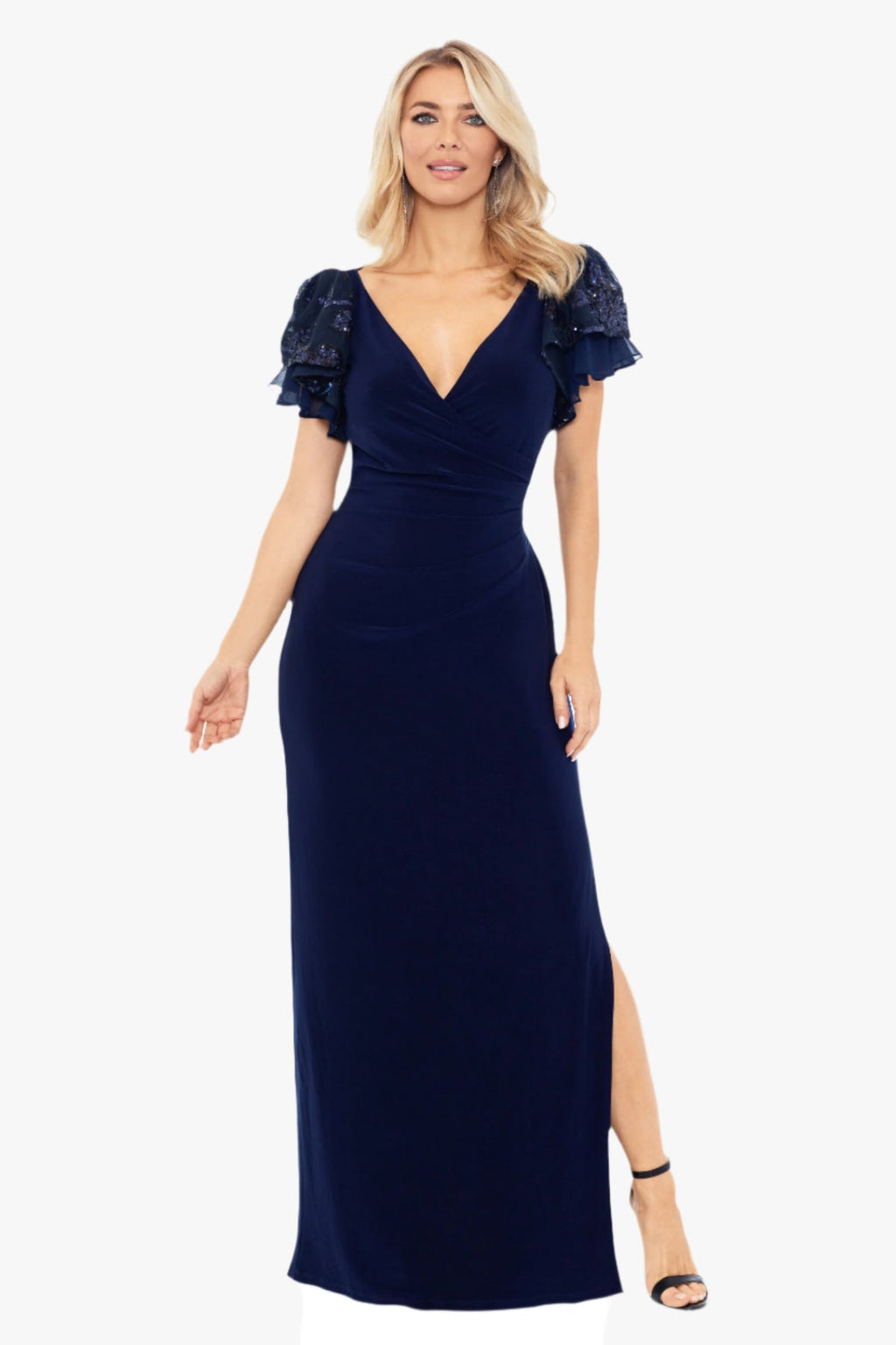 A26357 LONG JERSEY KNIT SEQUIN SLEEVE DRESS