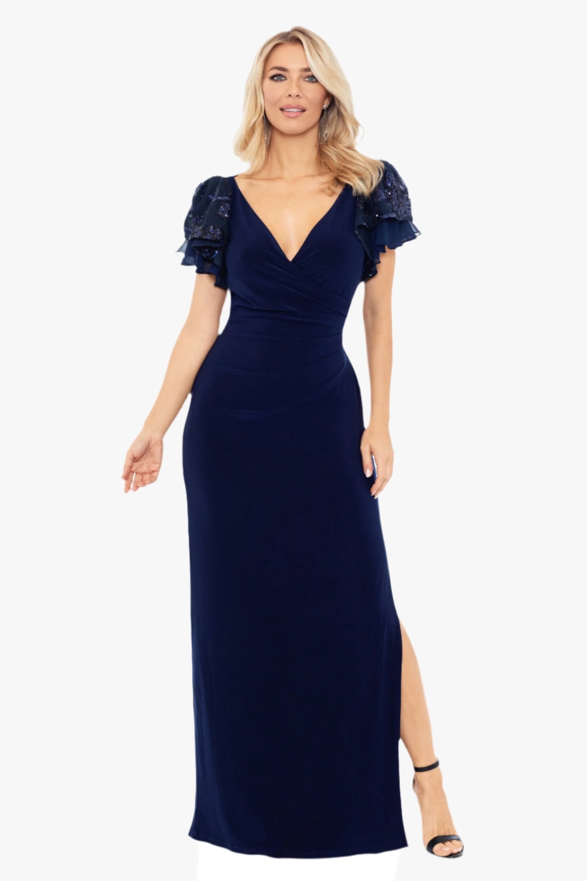 A26357 LONG JERSEY KNIT SEQUIN SLEEVE DRESS