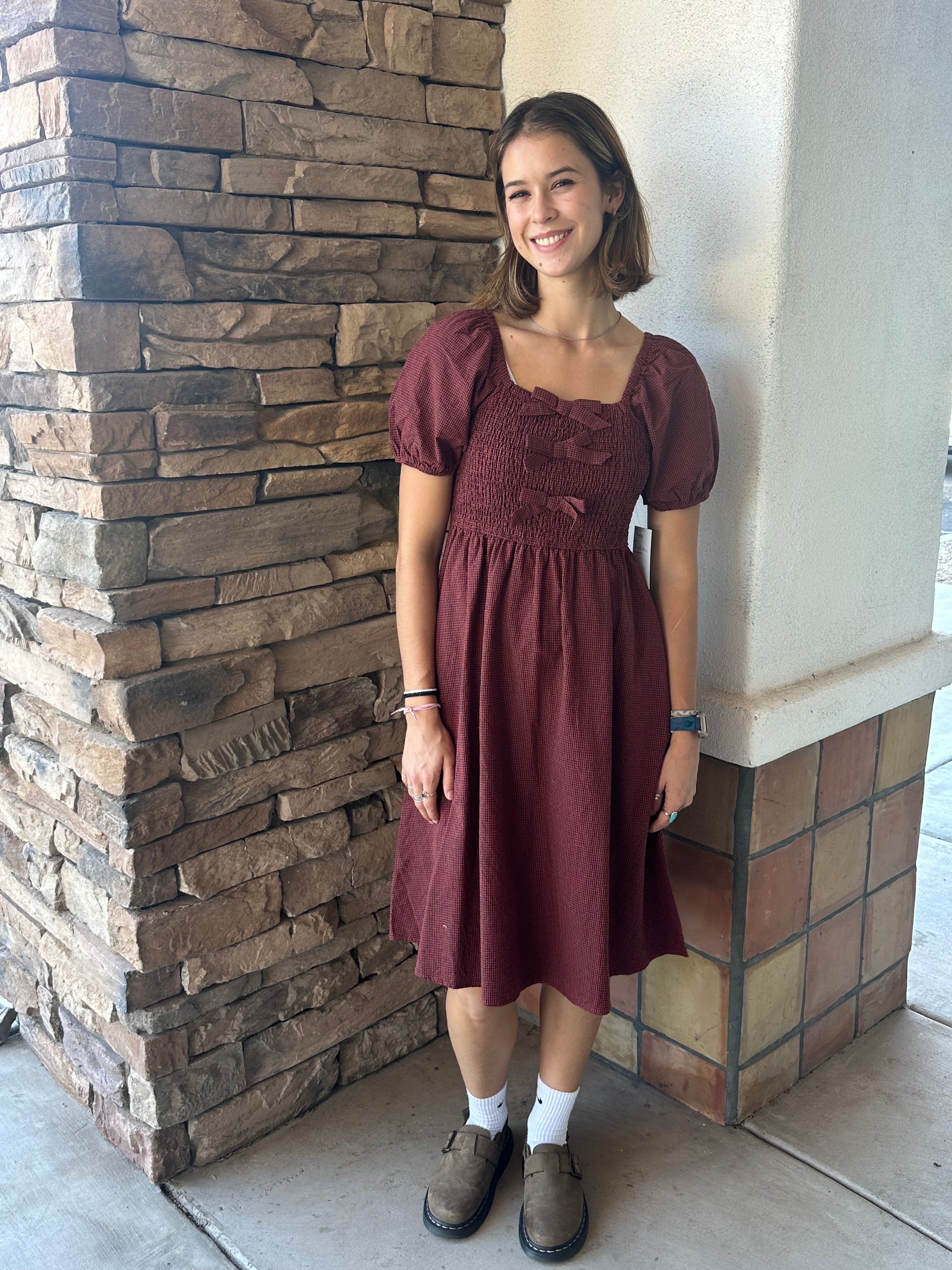 Nancy Modest Mini Dress in Brick/Black