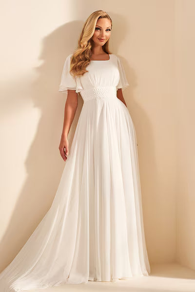 long white modest dresses The White: Norma Polyester Blend Care Modest White Evening Dress 48051B