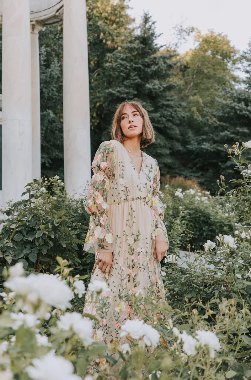 garden maxi dress Pleat Ruffle Dress-Multi, Path Raise a glass in the Anderson Maxi Dress Women's Black Floral Smocked Maxi
