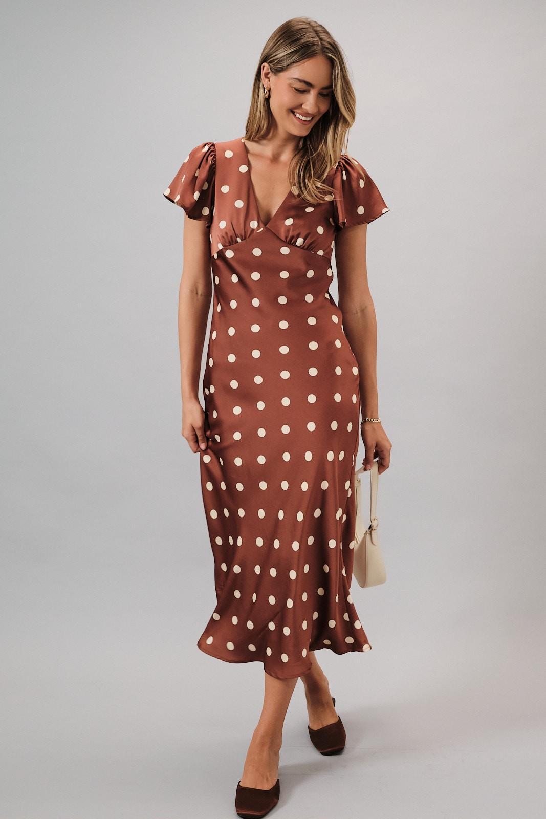 Katie Modest Maxi in Brown-Cream Dot Medium