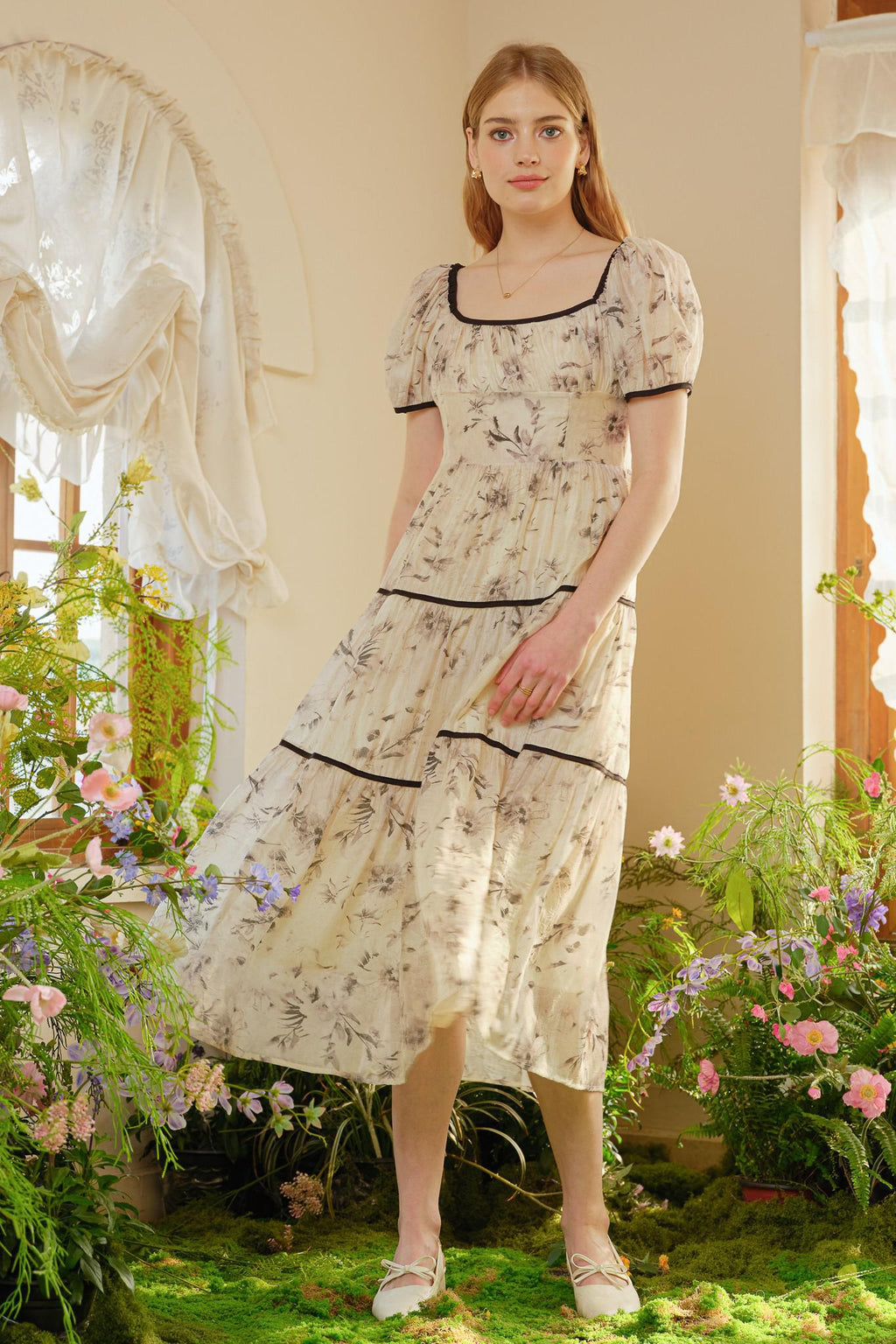 Breckon Tiered Midi in Ivory Floral