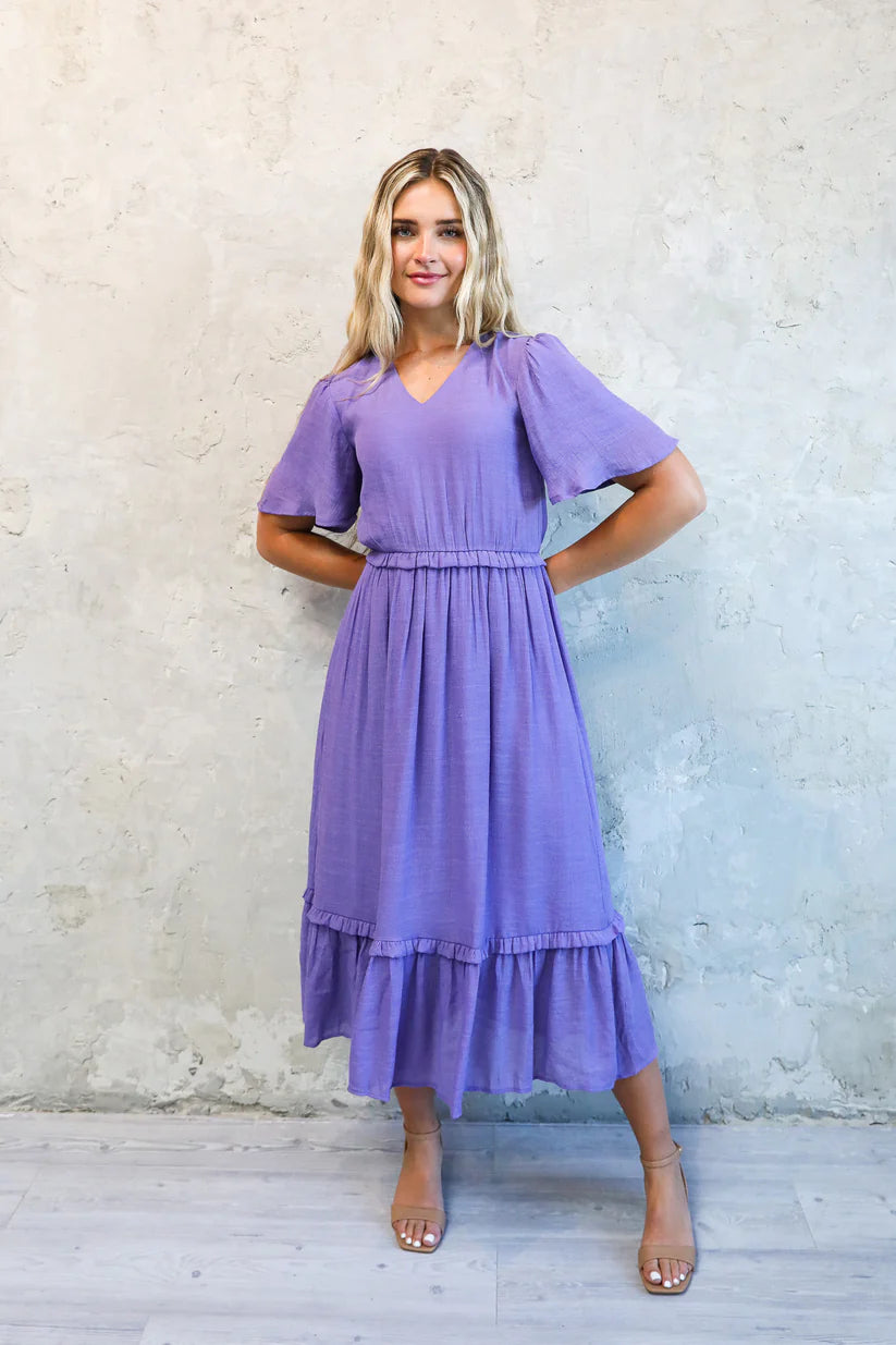 knee length dresses for ladies Heidi Light Purple Floral Burnout Ruched Midi Dress – Girl In Mind main image 0