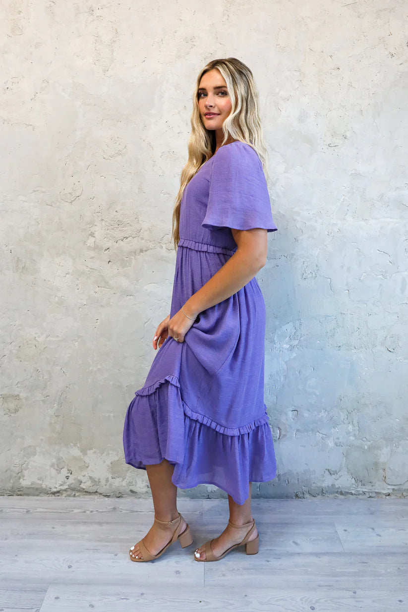 strapless open back dress Tess Modest Midi in Ultra Purple – A Closet Full of Dresses